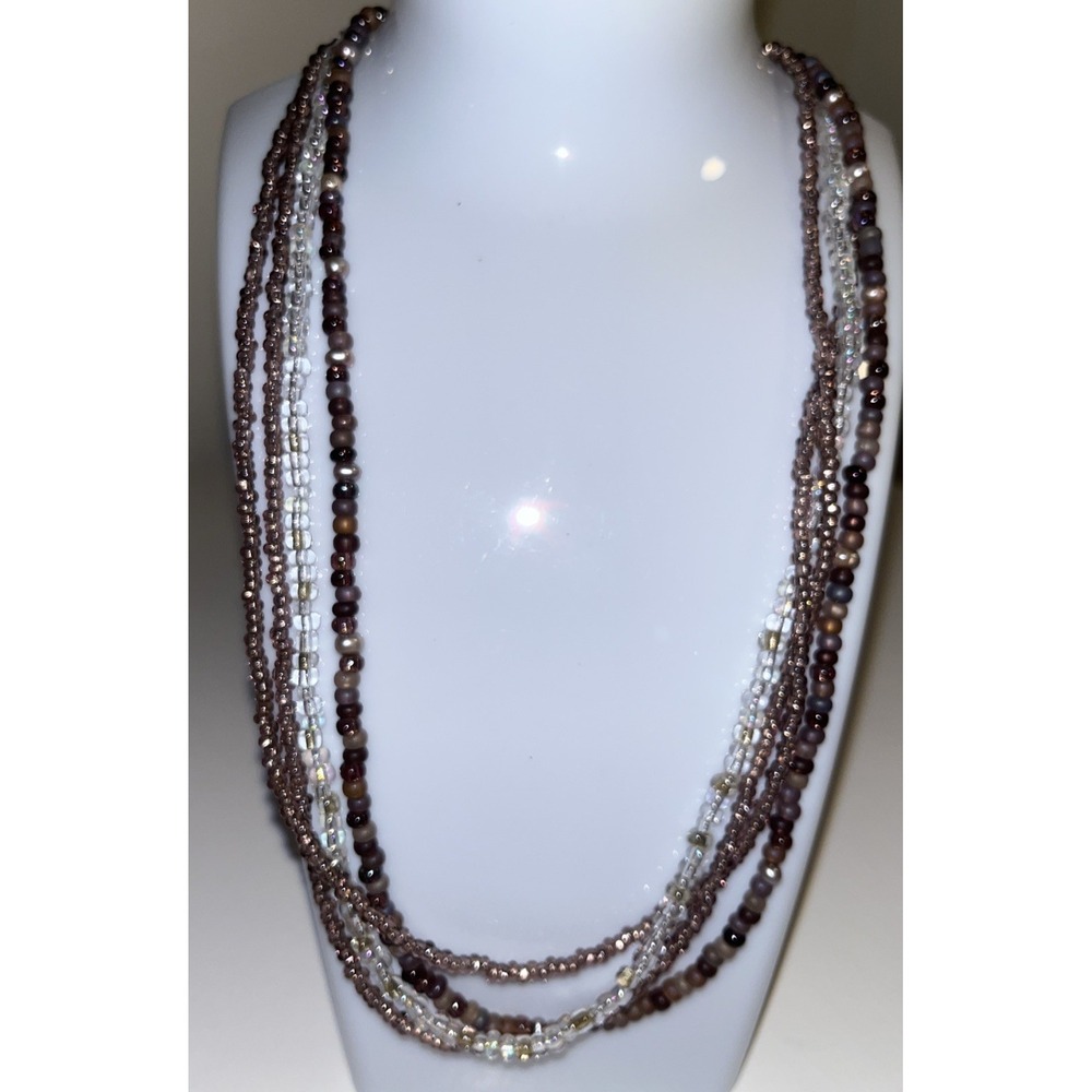 Necklace Four Strand‎ Glass Seed Bead Copper Tone Chain Earthy Fall  Boho 14"